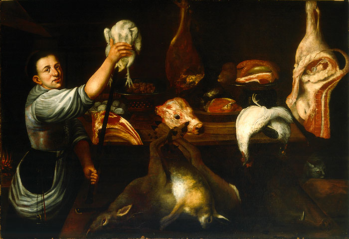 Anonimo — Anonimo fiammingo sec. XVI - Interno di cucina con carne macellata, pollame, selvaggina, gatto e figura — insieme